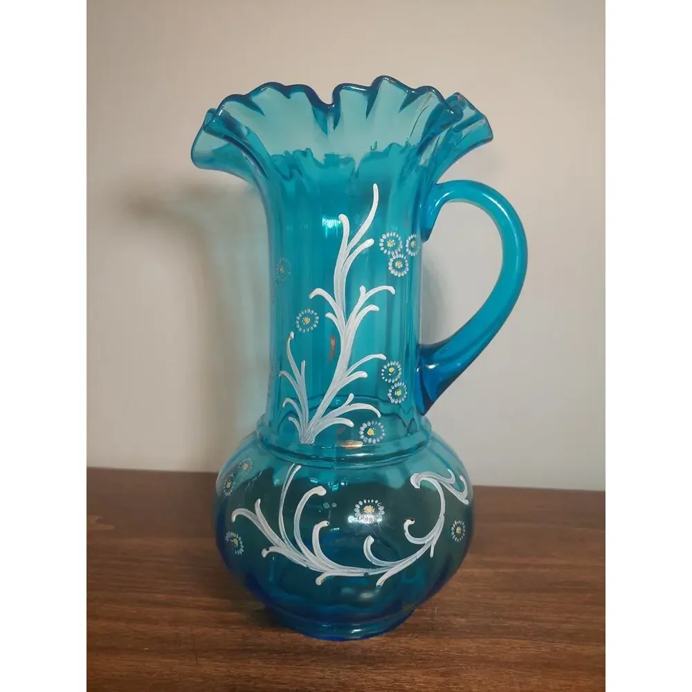 Antique Victorian / Ruffled Paneled Blue Glass PITCHER / Hand Painted Flowers